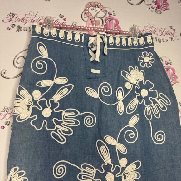 River woods skirt corset lace up tie ribbon embroidered floral flowers denim - Picture 2 of 13